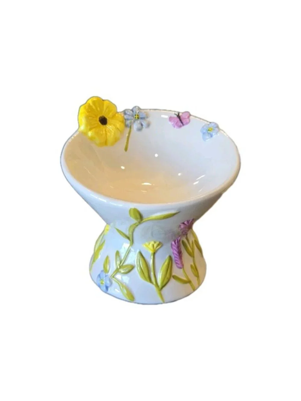 New Summer Butterflies Flower Ceramic Raised Tilted Cat Small Dog Pedestal Bowl